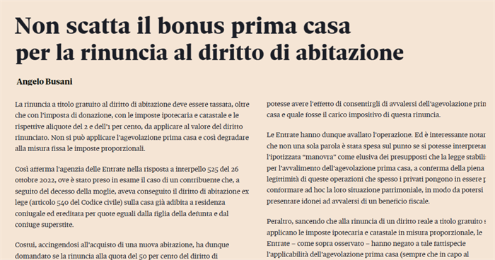 RINUNCIA AL DIRITTO DI ABITAZIONE - Non si può applicare l'agevolazione prima casa