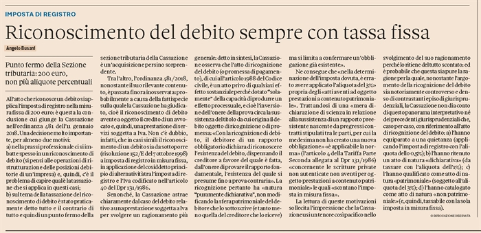 IMPOSTA DI REGISTRO - Riconoscimento di debito a tassa fissa