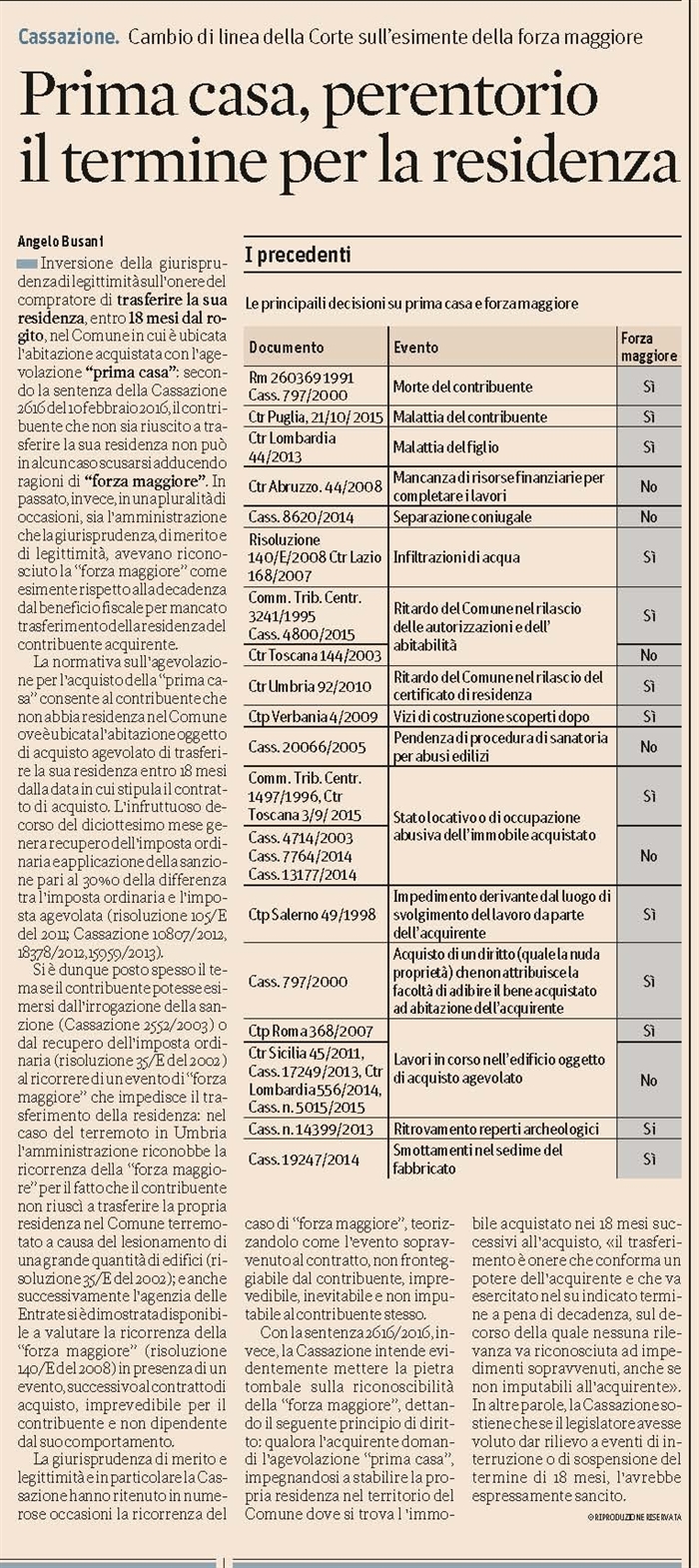 COMPRAVENDITA - Agevolazione prima casa - Trasferimento di residenza impedito da forza maggiore