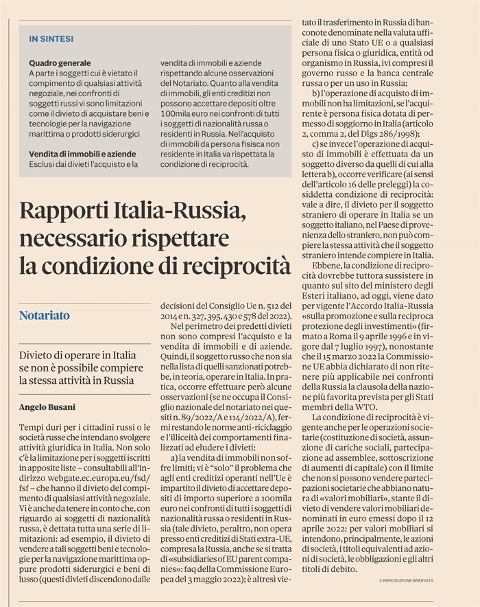 RAPPORTI ITALIA - RUSSIA - La condizione di reciprocità è vigente