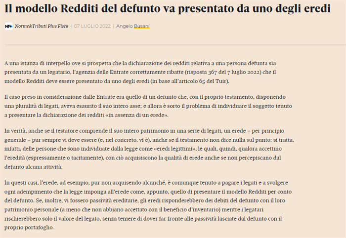 DICHIARAZIONE DEI REDDITI DI PERSONA DEFUNTA - La presentano gli eredi