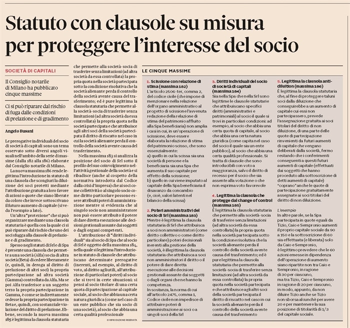 SOCIETA' - Clausole statutarie per proteggere gli interessi individuali del socio