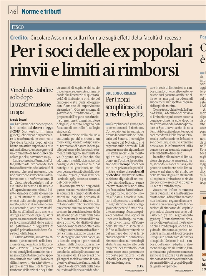 SOCIETA' - Rimborso ai soci delle banche popolari in caso di recesso