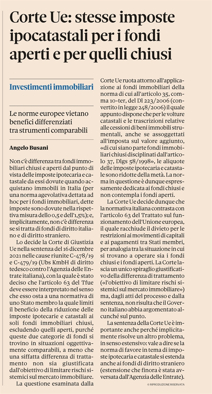 IMPOSTE IPO-CATASTALI - Pari trattamento tra fondi immobiliari italiani e stranieri